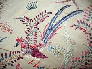 Antique Embroidered Canton Ivory Silk Piano Scarf Flowers & Birds 6