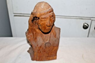 Hand Carved Native American Warrior Bust - 7 7/8 " Tall