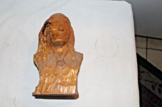 HAND CARVED NATIVE AMERICAN WARRIOR BUST - 7 7/8 