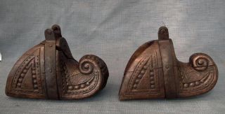 Antique 17 - 18th Century Spanish Colonialury Large Wood Saddle Stirrups To Sword