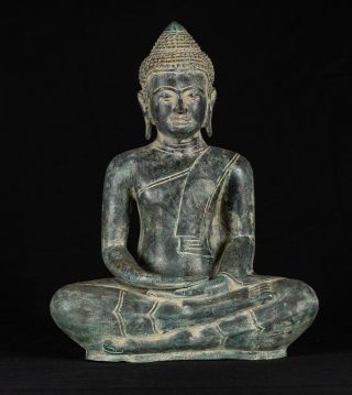 Antique Khmer Style Bronze Seated Meditation Buddha Statue - 38cm/15 "