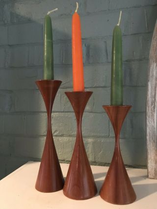 Mid - Century Modern Osolnik Walnut Wood Candle Holders Eames Era Set/3 Signed