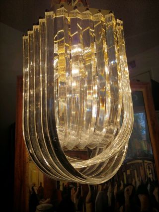 Large Hollywood Recency Lucite - Acrylic Ribbon Banded Chandelier Light 15 