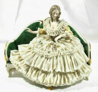 Antique Dresden Germany Lace Lady On Bench Figurine