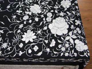 Antique Vintage Canton Piano Flamenco Shawl White Embroidered Flowers Black Silk 4