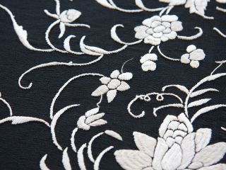Antique Vintage Canton Piano Flamenco Shawl White Embroidered Flowers Black Silk 5