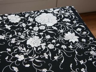 Antique Vintage Canton Piano Flamenco Shawl White Embroidered Flowers Black Silk 8