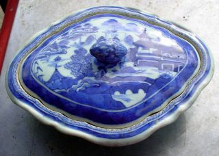 Early Antique Chinese Export Canton Blue 9 1/8 " Covered Vegetable Bowl Tureen
