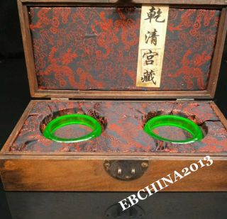 Collect Old China Ancient Wood Internal Storage Green Jade Bracelet Pair Box