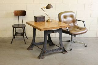 Vintage Antique Industrial End Side Media Table Butcher Block Cast Iron Legs