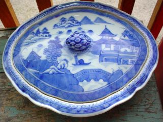 Early Antique Chinese Export Canton Blue 10 1/2 " Covered Vegetable Bowl Tureen