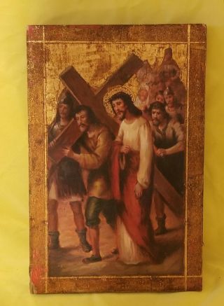 Antique Retablo Religious Piece On A Thick Piece Of Wood 14 " Tall