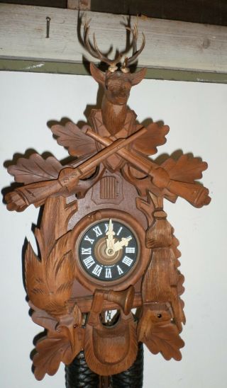 German Schmeckenbecher Hand Carved 8 Day Hunter Deer Cuckoo Clock