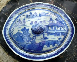 Early Antique Chinese Export Canton Blue 11 " Covered Vegetable Bowl Tureen N/r