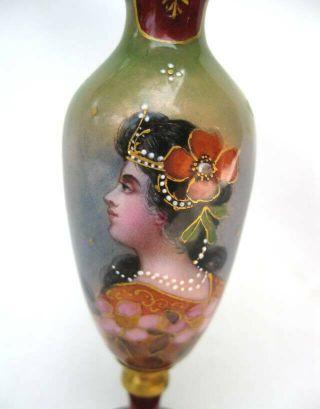 Antique Limoges enamel Art Nouveau woman in pearls portrait vase ala Mucha vase 3