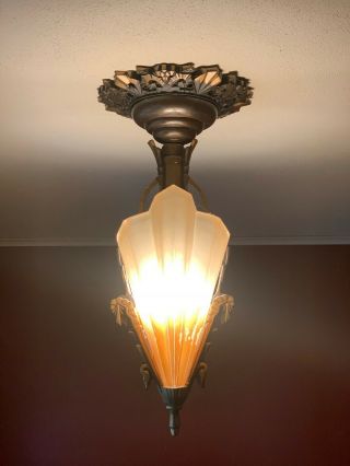 Art Deco Slip Shade Antique Ceiling Pendant Light with two Sconces 5