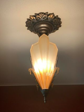 Art Deco Slip Shade Antique Ceiling Pendant Light with two Sconces 6