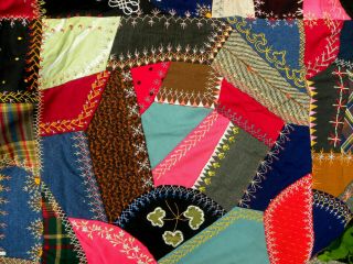 Antique Elegant Crazy Quilt From Old Maine Masterpiece Of Color And Embroidery