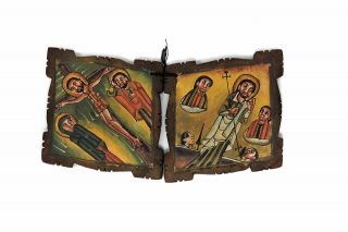 Ethiopian Coptic Icon Two Panels Painted Wood Was $65.  00