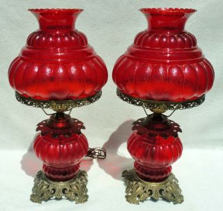 Pair Large Antique/vtg Ruby Red Amberina Gone With The Wind Gwtw Hurricane Lamps