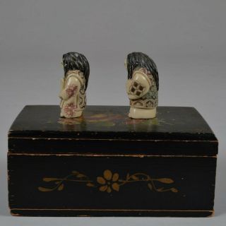 Signed Antique Japanese Carved Netsuke Figures w Two Faces 2