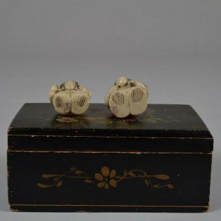 Signed Antique Japanese Carved Netsuke Figures w Two Faces 5