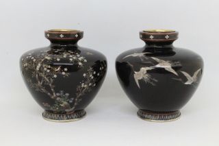 Japanese Cloisonné Vases Pair Different Subjects Museum Quality Enamel