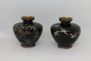 Japanese Cloisonné Vases Pair Different Subjects Museum Quality Enamel 2