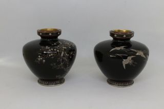 Japanese Cloisonné Vases Pair Different Subjects Museum Quality Enamel 3