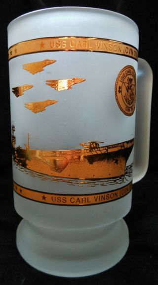 Rare Vtg Uss Carl Vinson (cvn 70) Aircraft Carrier Cup Mug Frosted Heavy Glass