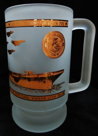 RARE Vtg USS CARL VINSON (CVN 70) Aircraft Carrier Cup Mug Frosted Heavy Glass 2