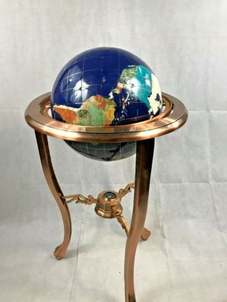 36 " Tall Blue Lapis Gemstone World Globe With Copper Floor Stand