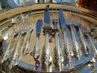 LARGE WALLACE GRAND BAROQUE STERLING SILVER FLATWARE OLD SET SERVERS HEAVY GREAT 6