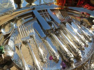 LARGE WALLACE GRAND BAROQUE STERLING SILVER FLATWARE OLD SET SERVERS HEAVY GREAT 8