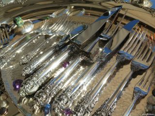 LARGE WALLACE GRAND BAROQUE STERLING SILVER FLATWARE OLD SET SERVERS HEAVY GREAT 9
