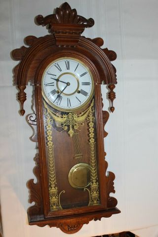 Vintage Large Hanging Wall Clock Double Key Wind Wood Case Glass Door 8 Day