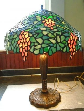 Antique Pink Periwinkle Leaded Glass Lamp By Unique Art Glass & Metal Co