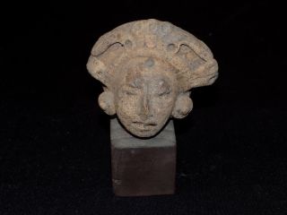 Pre - Columbian Mayan Warrior Head Fragment On Stand