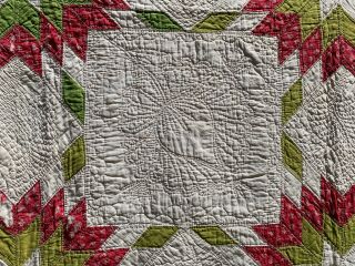 Antique Vintage 1860s - 1880s Turkey Red & Green Feathered Stars Sawtooth Quilt 10