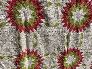 Antique Vintage 1860s - 1880s Turkey Red & Green Feathered Stars Sawtooth Quilt 11