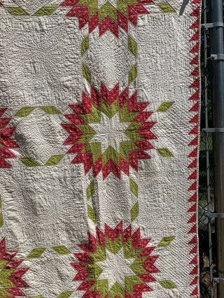Antique Vintage 1860s - 1880s Turkey Red & Green Feathered Stars Sawtooth Quilt 12