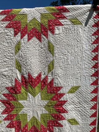Antique Vintage 1860s - 1880s Turkey Red & Green Feathered Stars Sawtooth Quilt 2