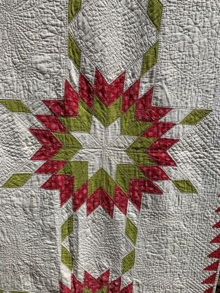 Antique Vintage 1860s - 1880s Turkey Red & Green Feathered Stars Sawtooth Quilt 3