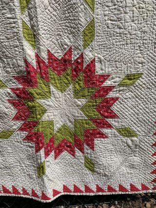 Antique Vintage 1860s - 1880s Turkey Red & Green Feathered Stars Sawtooth Quilt 4