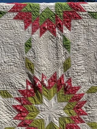 Antique Vintage 1860s - 1880s Turkey Red & Green Feathered Stars Sawtooth Quilt 7