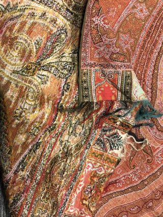 Antique Kashmir Paisley Shawl with Coral Center,  19th C (128” X 65”)  11