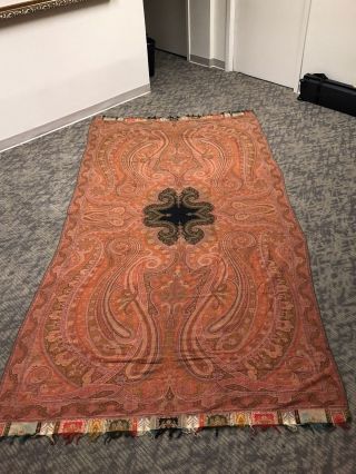 Antique Kashmir Paisley Shawl with Coral Center,  19th C (128” X 65”)  2