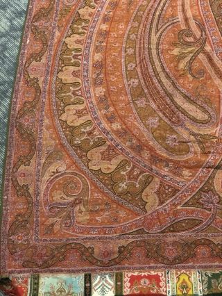 Antique Kashmir Paisley Shawl with Coral Center,  19th C (128” X 65”)  8