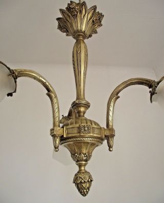 Stunning French Art Nouveau 3 Arm Brass Chandelier White Hexagon Shades 1039 5