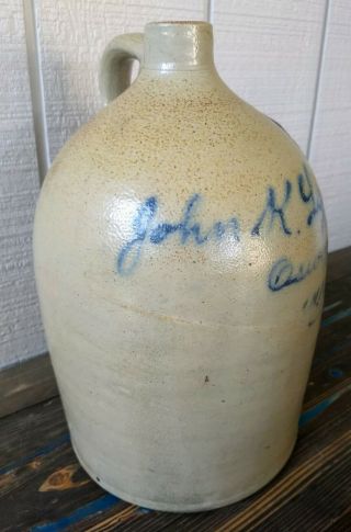 Antique Stoneware Script Jug,  2 gal w/Turkey Droppings,  John K.  Lynch Oswego,  NY 11